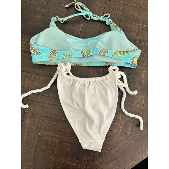 Aerie Blue Halter Top and White High Cut High Leg Cheeky Bikini Large - Picture 2 of 3